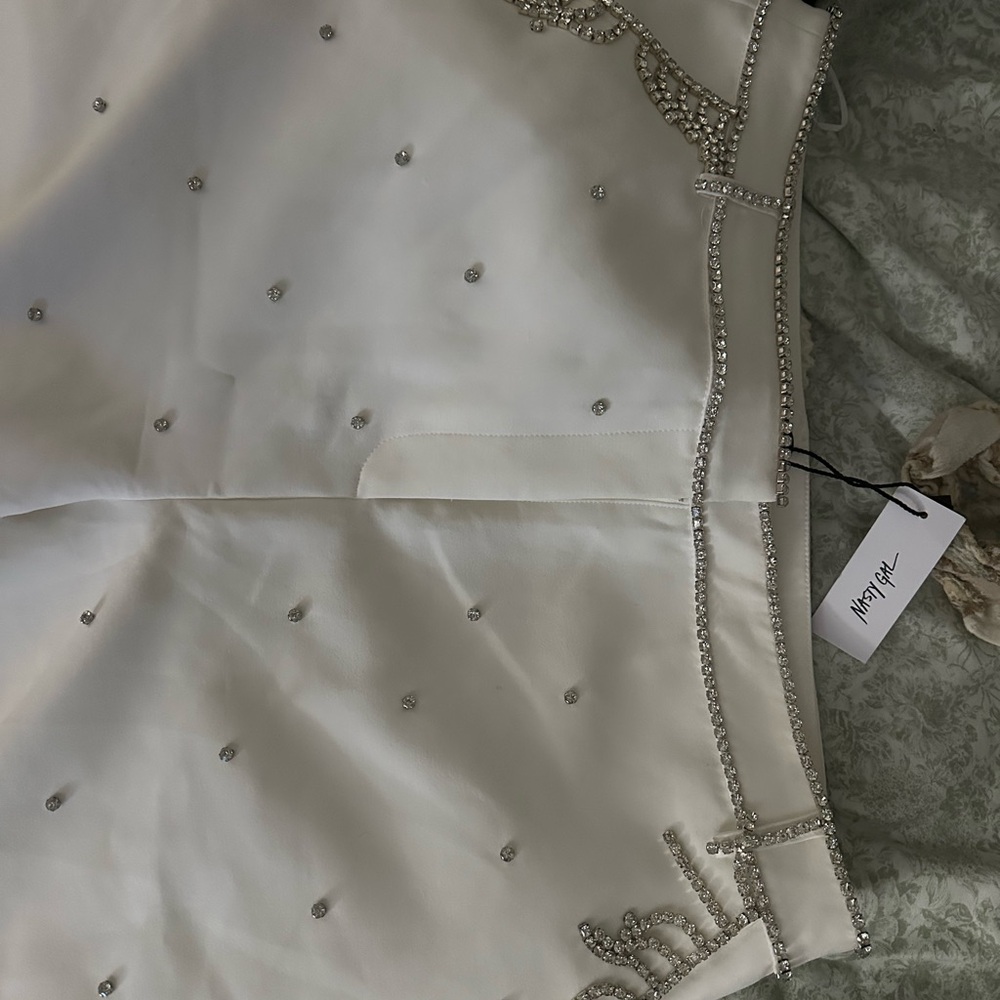 White Embellished Pants with Silver Accents